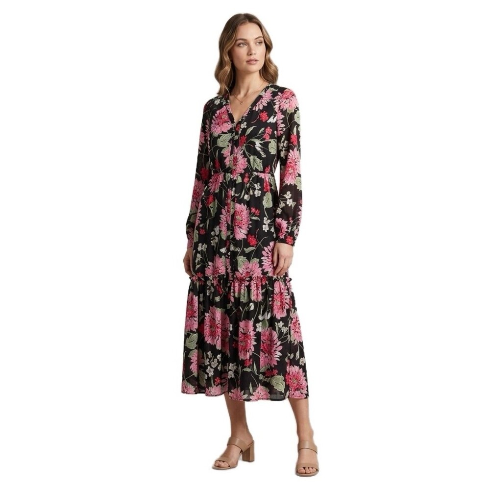 Draper James Black Floral V-Neck Tiered Midi Dress size XL